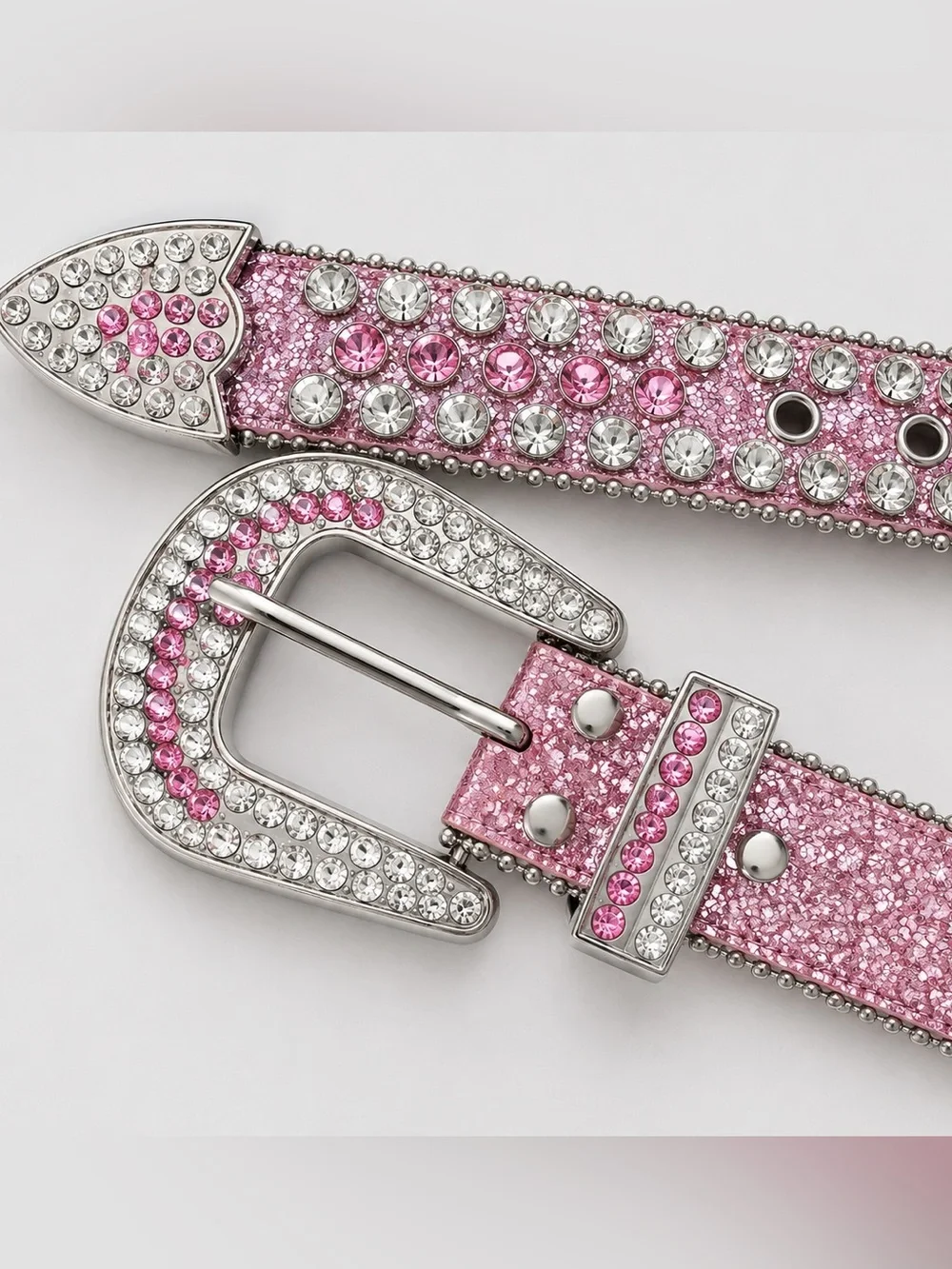 Quality rhinestone, glitter leather, silvertone grommet western belt- 37-43